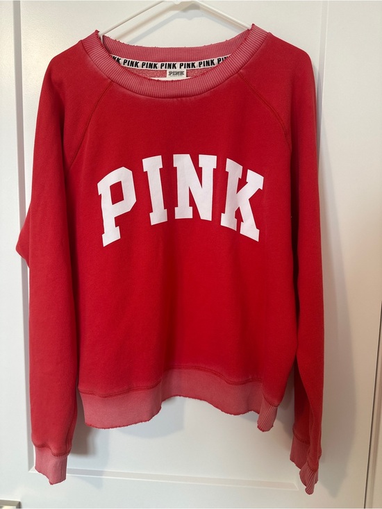 PINK Victoria's Secret Tops - Victorias Secret PINK Red Distressed Logo Crewneck Sweatshirt Size Medium
